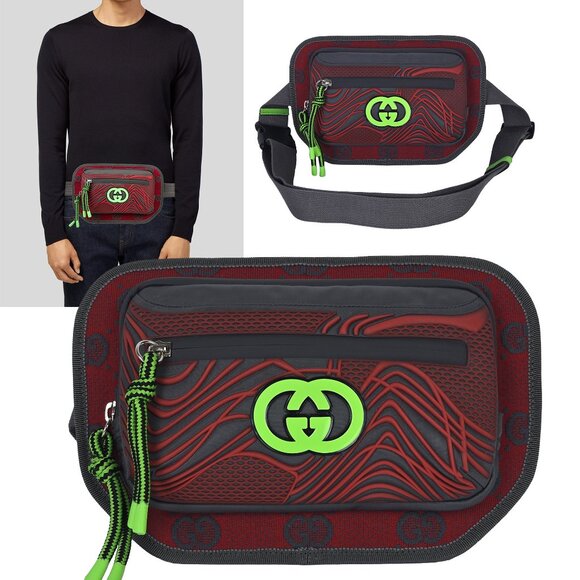 GUCCI BAG 752102 LOGO NYLON JACQUARD RUBBER TRIM G LOGO BELT HANDBAG $1,490 - Picture 1 of 15